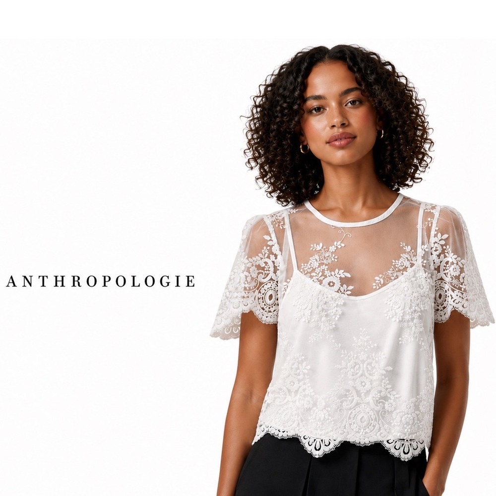 Anthropologie White Lace Embroidered Sheer Blouse Boho‎ Romantic Top Size L